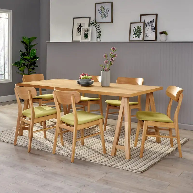 Walnut / Natural Oak Mid-Century Dining Set, Upholstered Chairs, Seats 6