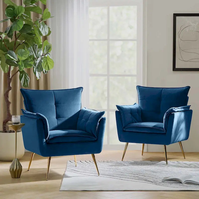 1ida Modern Velvet Tufted Accent Armchair with Gold Metal Legs Set of 2 by HULALA HOME
