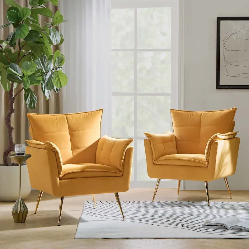 1ida Modern Velvet Tufted Accent Armchair with Gold Metal Legs Set of 2 by HULALA HOME
