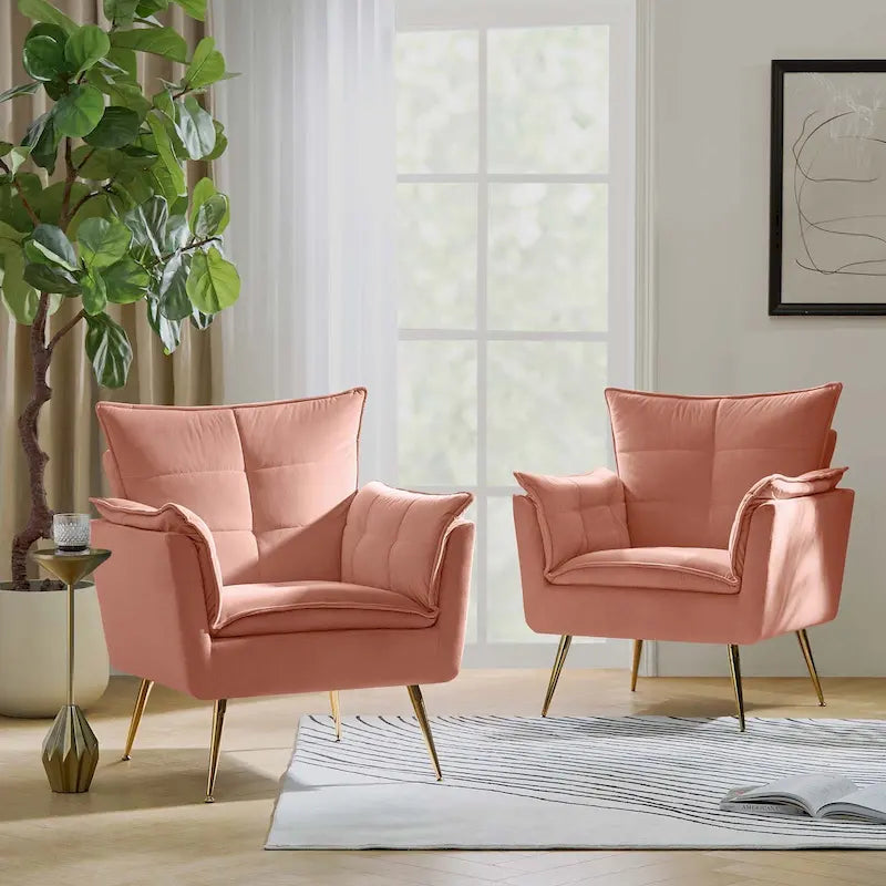 1ida Modern Velvet Tufted Accent Armchair with Gold Metal Legs Set of 2 by HULALA HOME