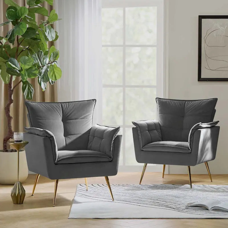 1ida Modern Velvet Tufted Accent Armchair with Gold Metal Legs Set of 2 by HULALA HOME