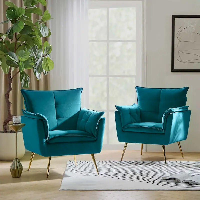 1ida Modern Velvet Tufted Accent Armchair with Gold Metal Legs Set of 2 by HULALA HOME