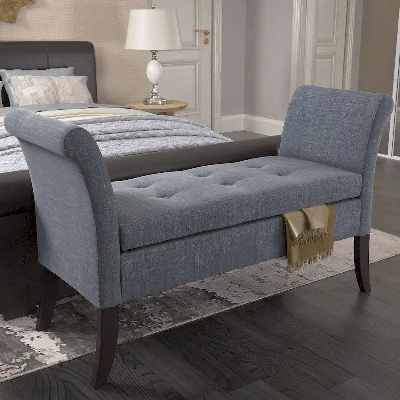 Upholstered Storage Bench with Scrolled Arms – Grey / Beige / Blue / Yellow, Seats 1