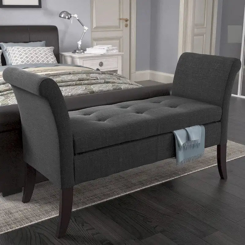 Upholstered Storage Bench with Scrolled Arms – Grey / Beige / Blue / Yellow, Seats 1