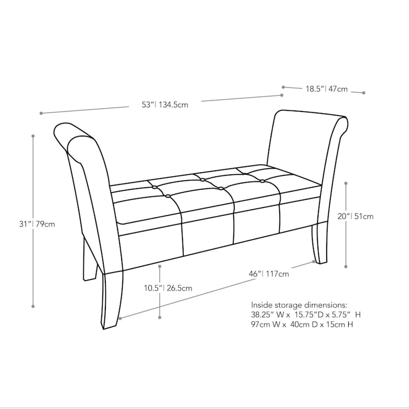 Upholstered Storage Bench with Scrolled Arms – Grey / Beige / Blue / Yellow, Seats 1