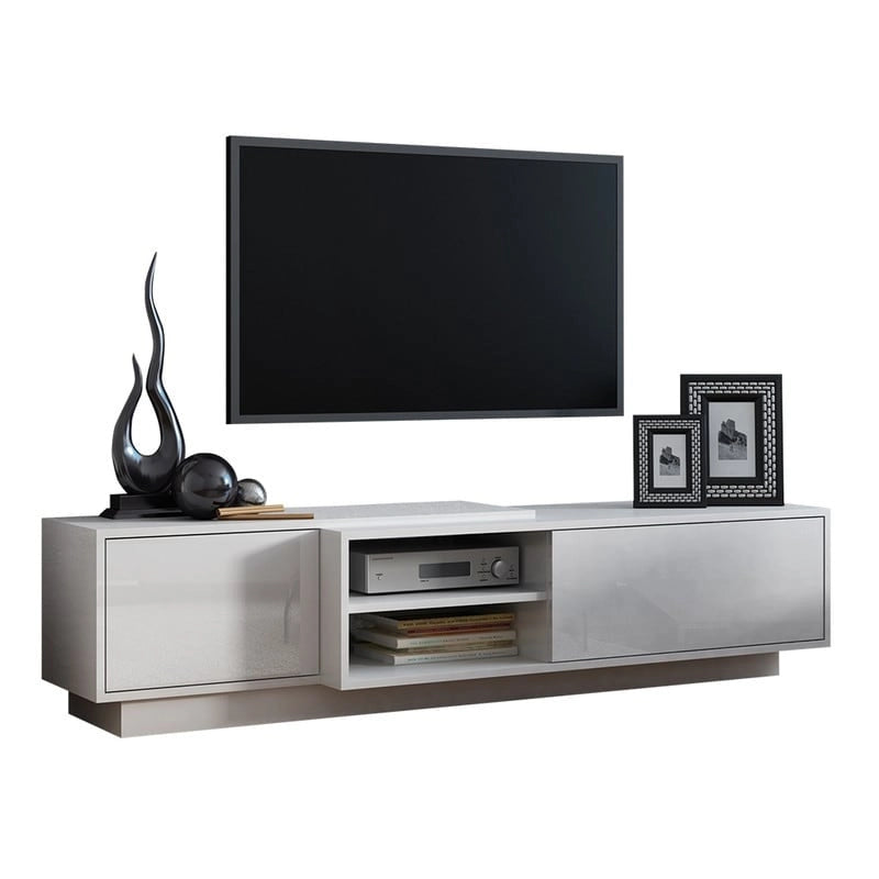 White/Natural Oak Geometric TV Stand with Side Cabinets, Floor or Wall Mount