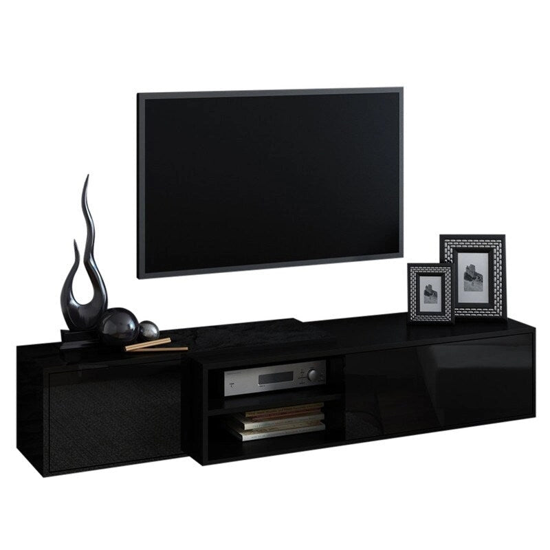 White/Natural Oak Geometric TV Stand with Side Cabinets, Floor or Wall Mount