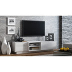 White/Natural Oak Geometric TV Stand with Side Cabinets, Floor or Wall Mount