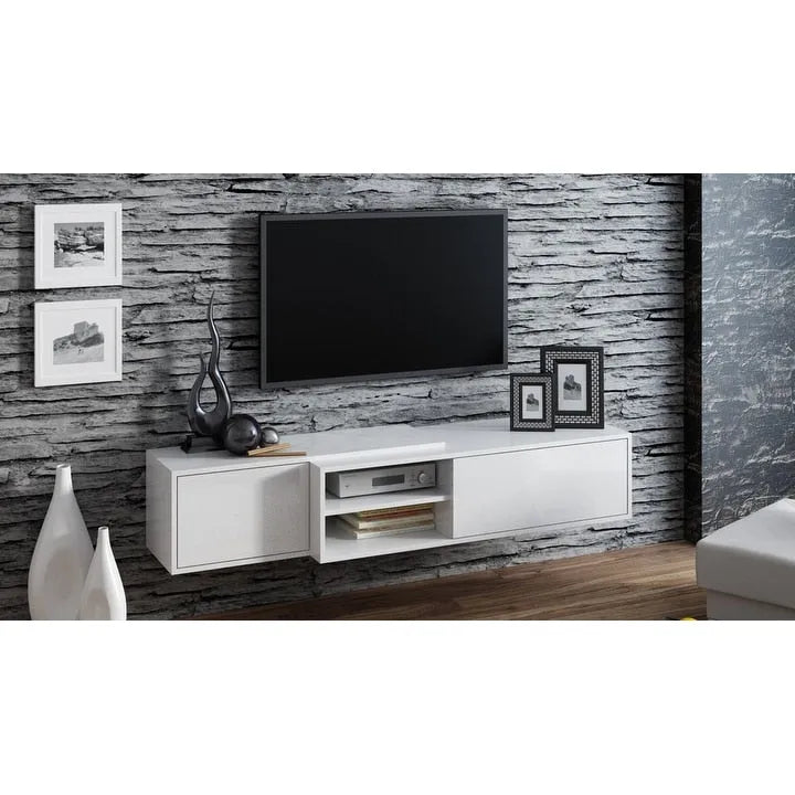 White/Natural Oak Geometric TV Stand with Side Cabinets, Floor or Wall Mount