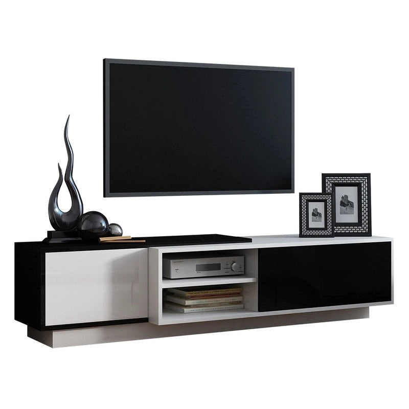 White/Natural Oak Geometric TV Stand with Side Cabinets, Floor or Wall Mount