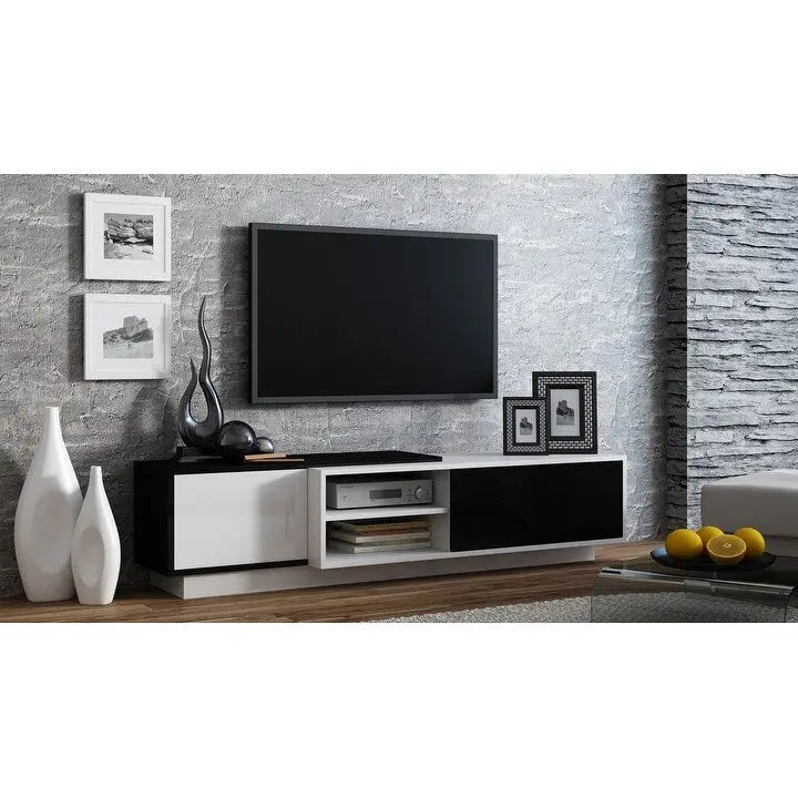 White/Natural Oak Geometric TV Stand with Side Cabinets, Floor or Wall Mount