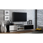 White/Natural Oak Geometric TV Stand with Side Cabinets, Floor or Wall Mount