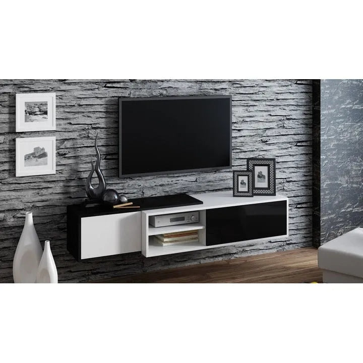 White/Natural Oak Geometric TV Stand with Side Cabinets, Floor or Wall Mount