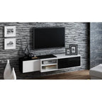 White/Natural Oak Geometric TV Stand with Side Cabinets, Floor or Wall Mount