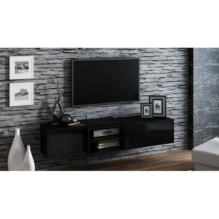 White/Natural Oak Geometric TV Stand with Side Cabinets, Floor or Wall Mount