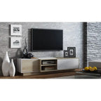 White/Natural Oak Geometric TV Stand with Side Cabinets, Floor or Wall Mount