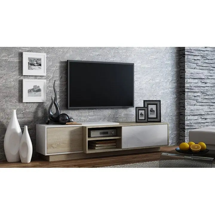 White/Natural Oak Geometric TV Stand with Side Cabinets, Floor or Wall Mount