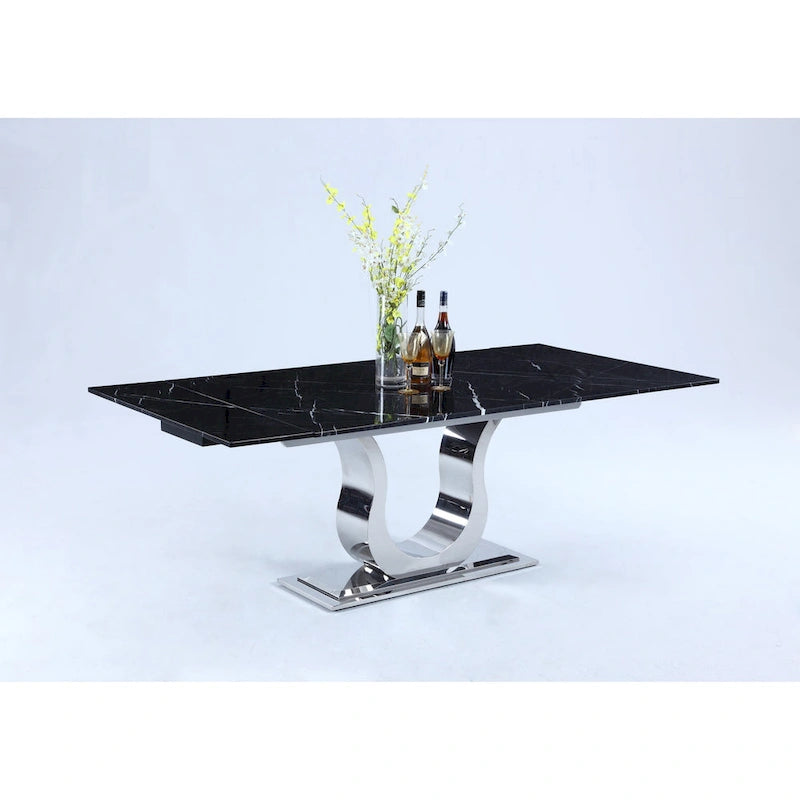 Black Marble Top Extendable Dining Table, Horseshoe Pedestal, Seats 6–8