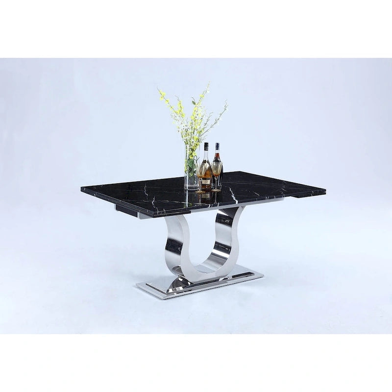 Black Marble Top Extendable Dining Table, Horseshoe Pedestal, Seats 6–8