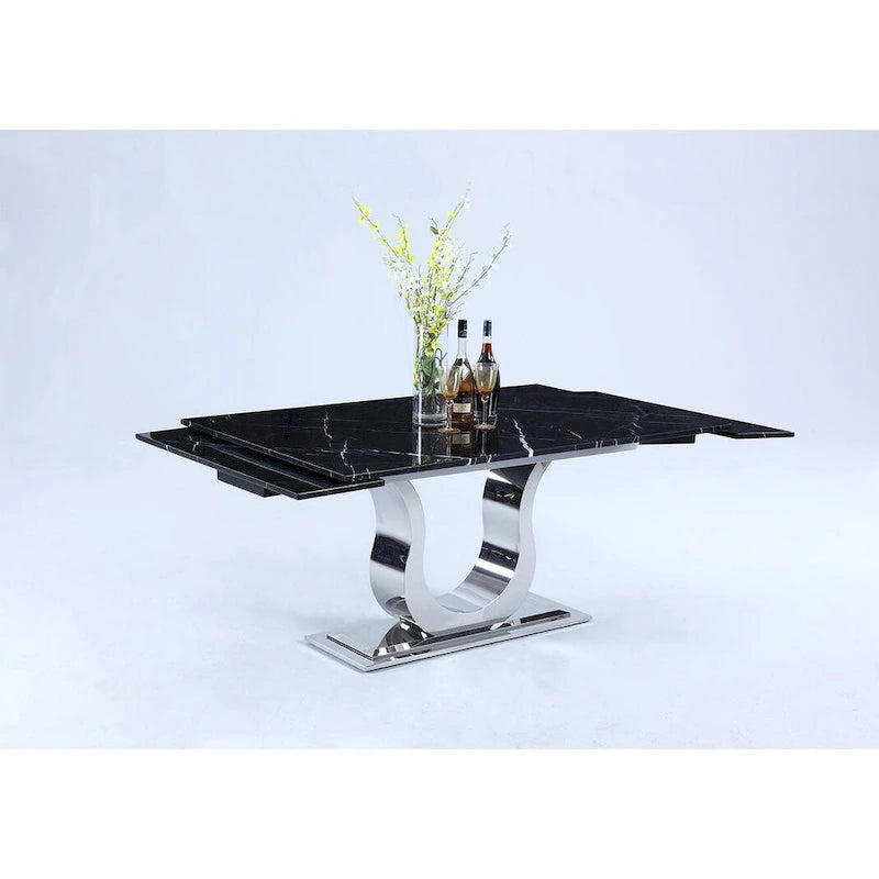 Black Marble Top Extendable Dining Table, Horseshoe Pedestal, Seats 6–8