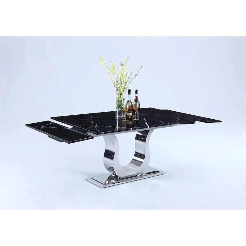 Black Marble Top Extendable Dining Table, Horseshoe Pedestal, Seats 6–8