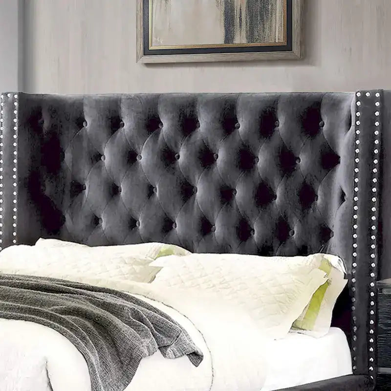 Furniture of America Tail Glam Grey Tufted Fabric Wingback Panel Bed