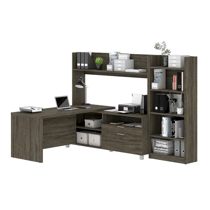 White L-Shaped Desk with Bookcase, 1-Person