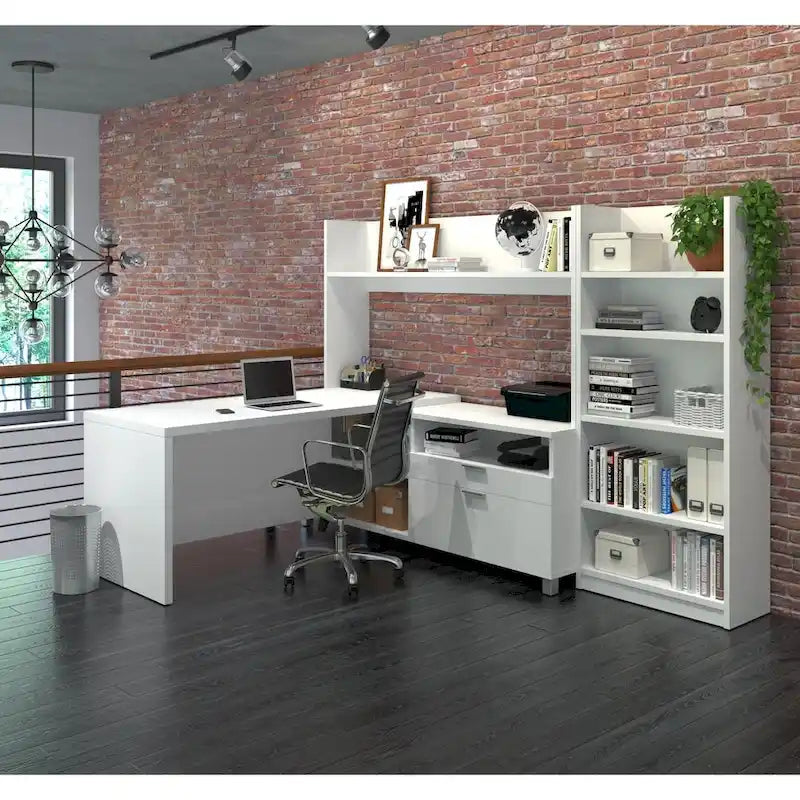 White L-Shaped Desk with Bookcase, 1-Person
