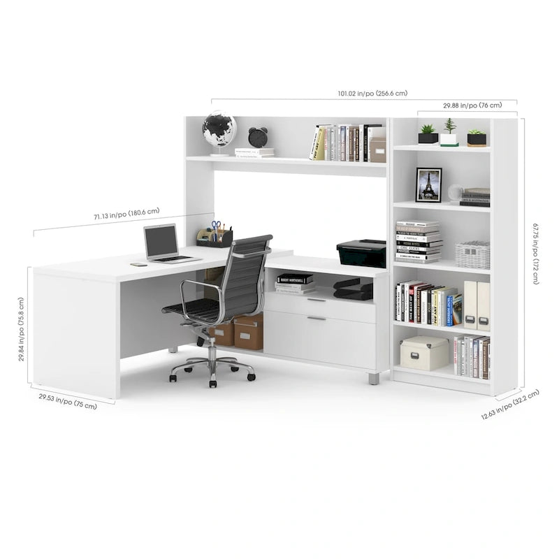 White L-Shaped Desk with Bookcase, 1-Person