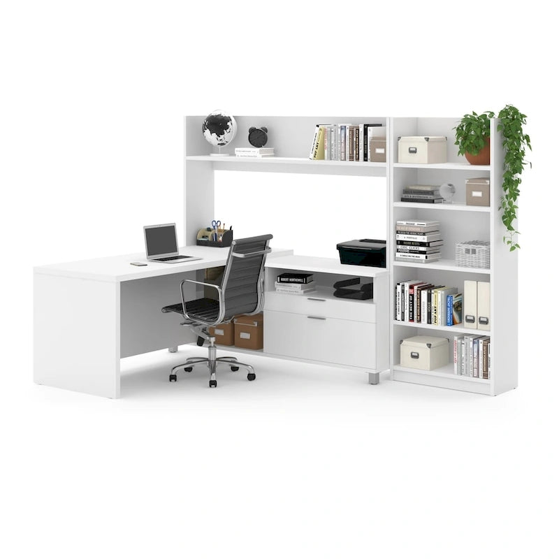 White L-Shaped Desk with Bookcase, 1-Person