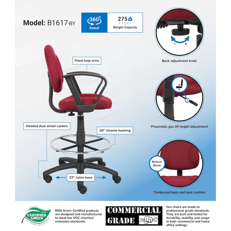Boss Adjustable Black Loop Arm Drafting Stool with Wheel Casters