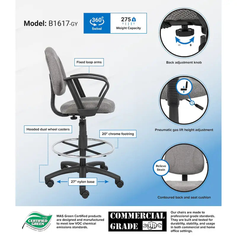 Boss Adjustable Black Loop Arm Drafting Stool with Wheel Casters