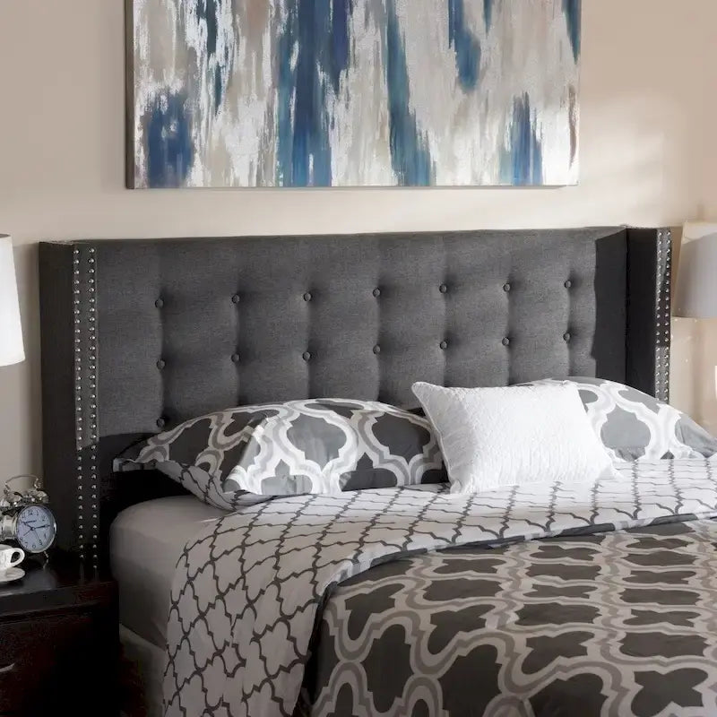 Beige / Grey Winged Button-Tufted Headboard – Full / Queen, For 1