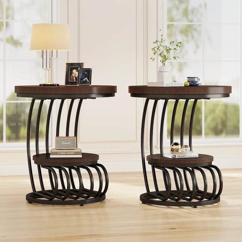 Gold Round End Table, 2 Tiers Side Table with White Faux Marble Top