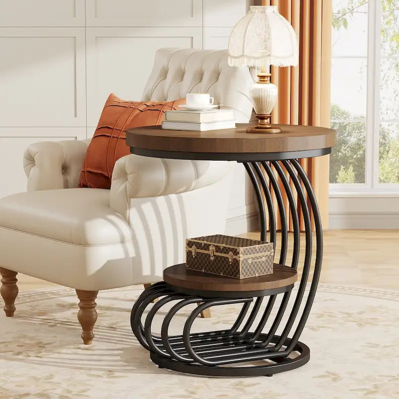 Gold Round End Table, 2 Tiers Side Table with White Faux Marble Top
