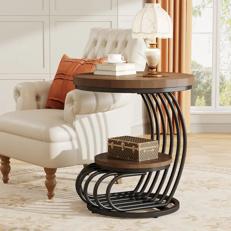 Gold Round End Table, 2 Tiers Side Table with White Faux Marble Top
