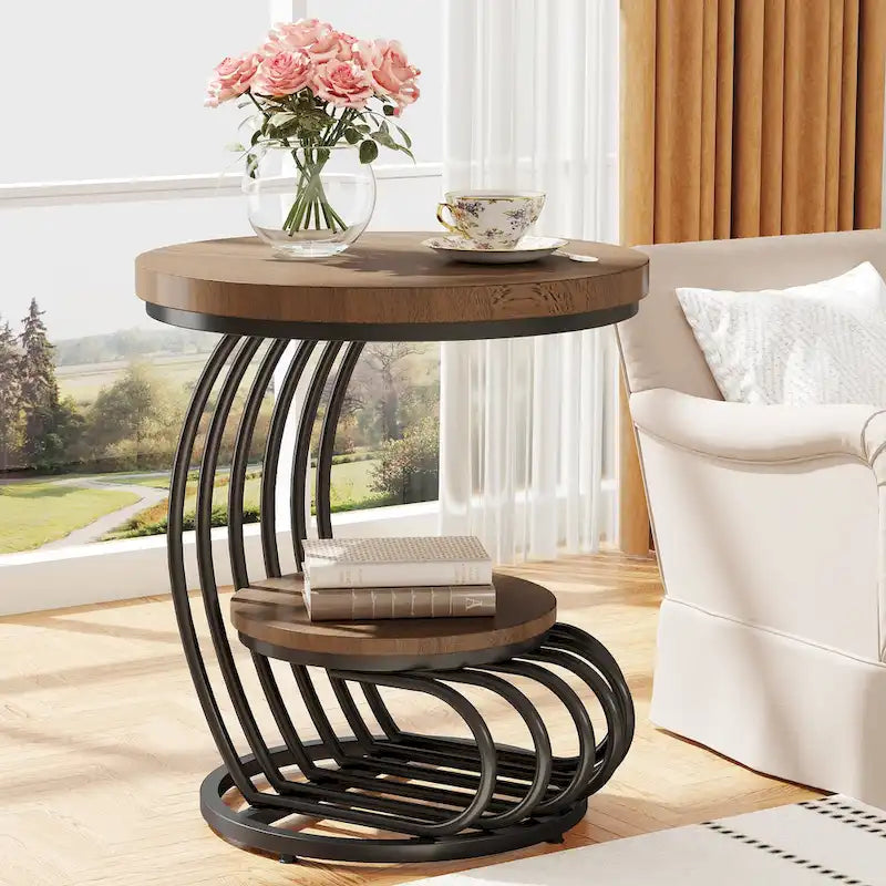 Gold Round End Table, 2 Tiers Side Table with White Faux Marble Top
