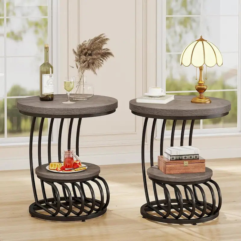 Gold Round End Table, 2 Tiers Side Table with White Faux Marble Top
