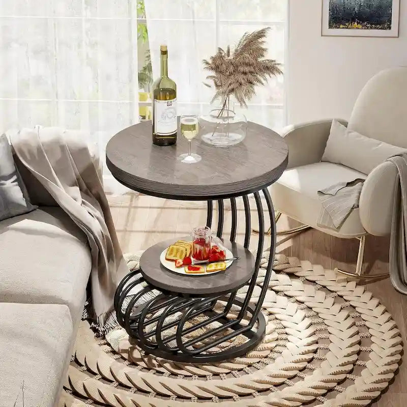 Gold Round End Table, 2 Tiers Side Table with White Faux Marble Top