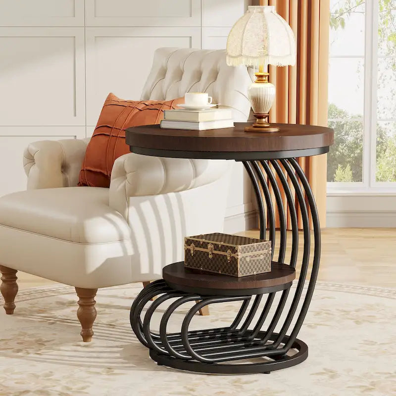 Gold Round End Table, 2 Tiers Side Table with White Faux Marble Top