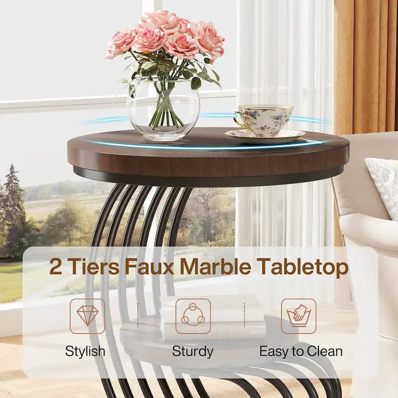 Gold Round End Table, 2 Tiers Side Table with White Faux Marble Top