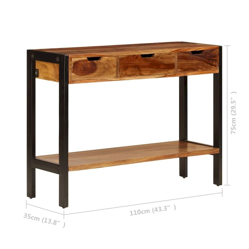 Brown 3-Drawer Sideboard, Solid Sheesham Wood, Single Unit, 43.3"x13.8"x29.5"