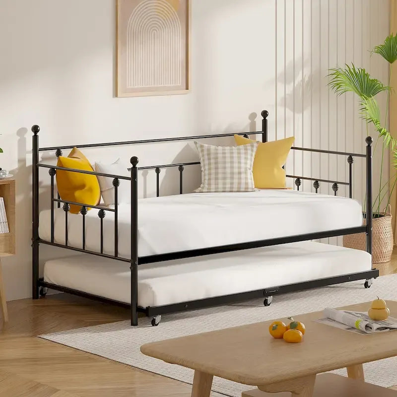 Open Frame Metal Daybed with Trundle, Black, Twin, Sleeps 2