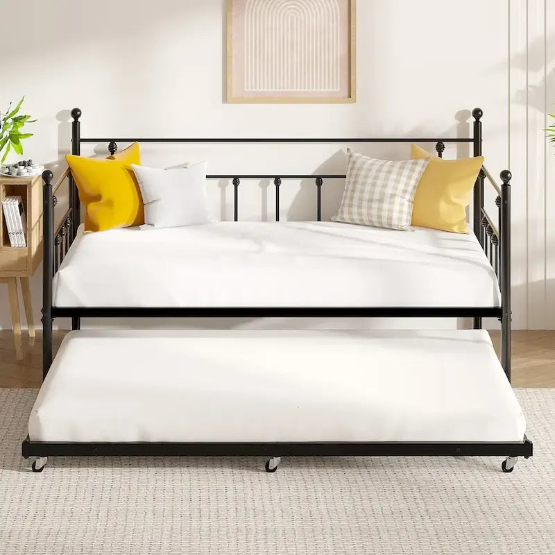Open Frame Metal Daybed with Trundle, Black, Twin, Sleeps 2