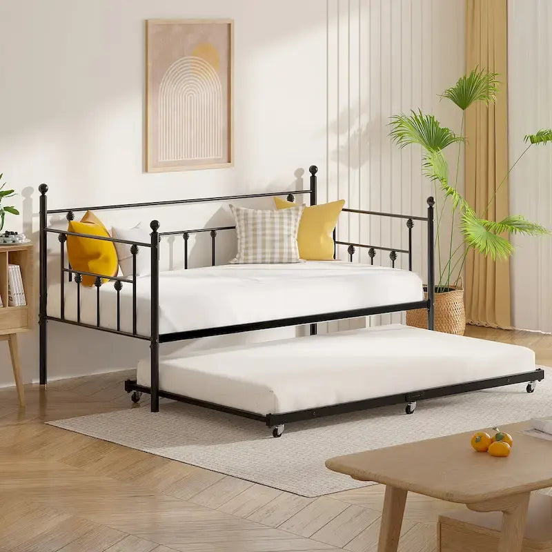 Open Frame Metal Daybed with Trundle, Black, Twin, Sleeps 2