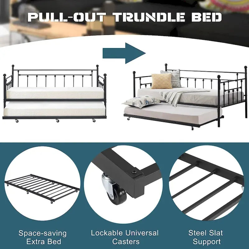 Open Frame Metal Daybed with Trundle, Black, Twin, Sleeps 2