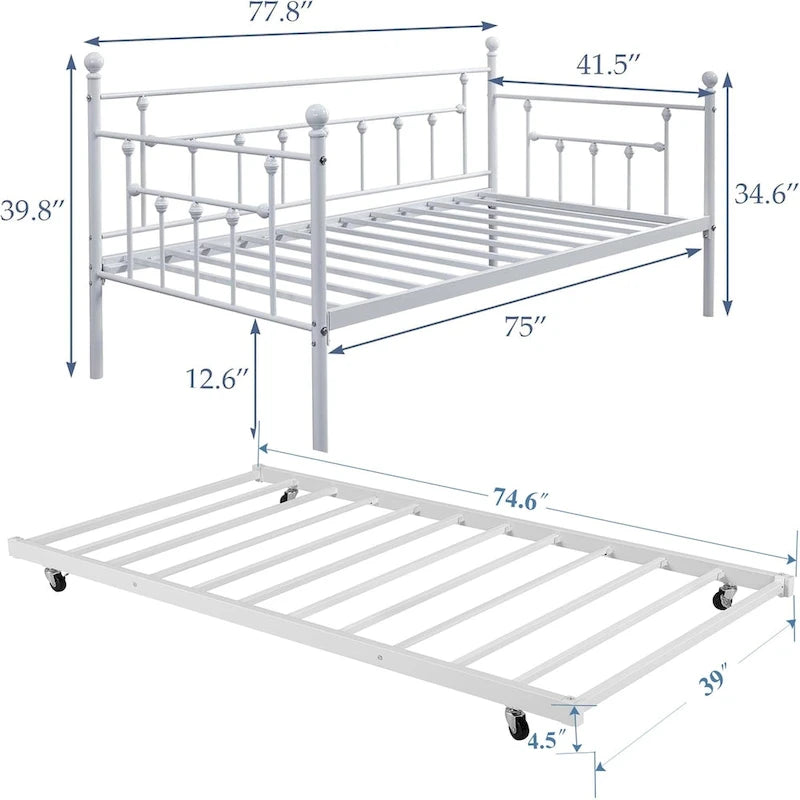 Open Frame Metal Daybed with Trundle, Black, Twin, Sleeps 2