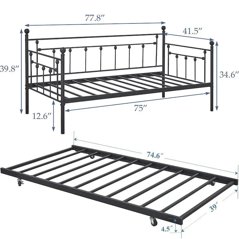 Open Frame Metal Daybed with Trundle, Black, Twin, Sleeps 2