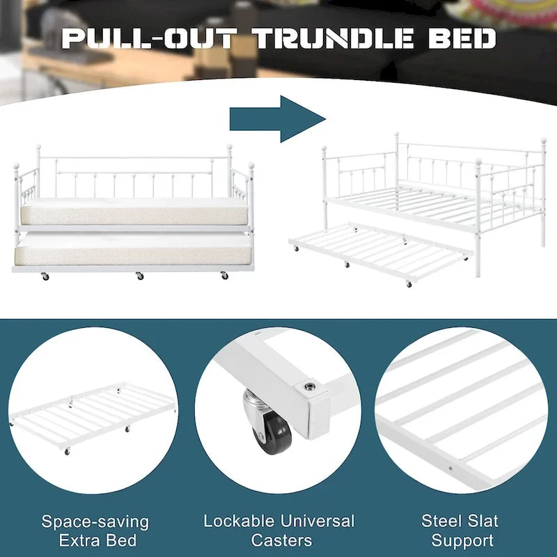 Open Frame Metal Daybed with Trundle, Black, Twin, Sleeps 2