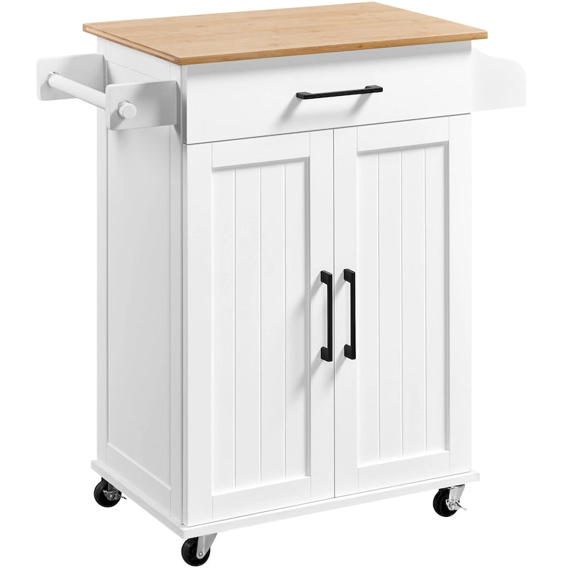 White/Black Rolling Kitchen Cart with Drawer, 2-Door Cabinet & Towel Rack, for 1 Person